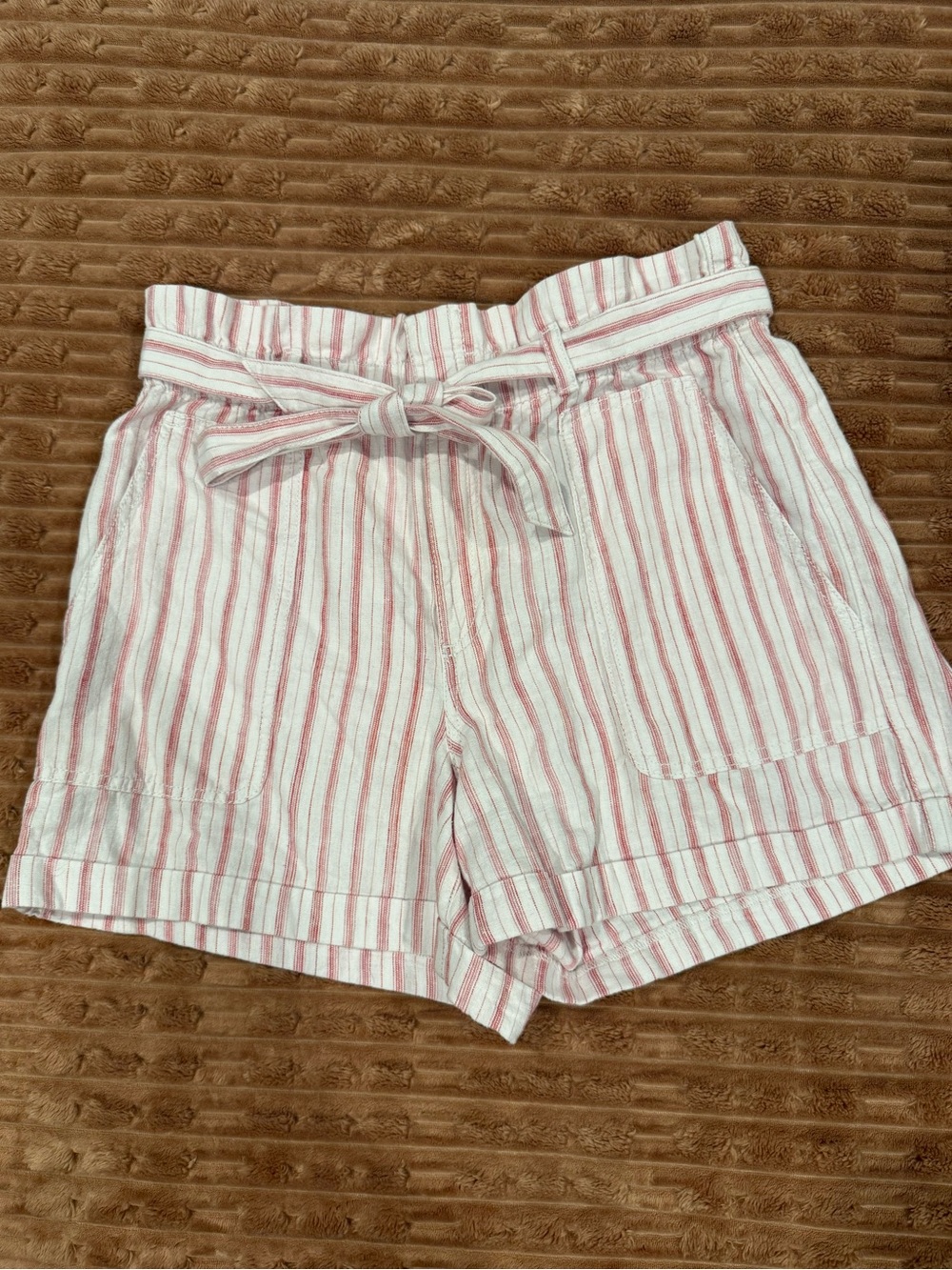 LOFT White Shorts with Pink Stripes and Paperbag Waist